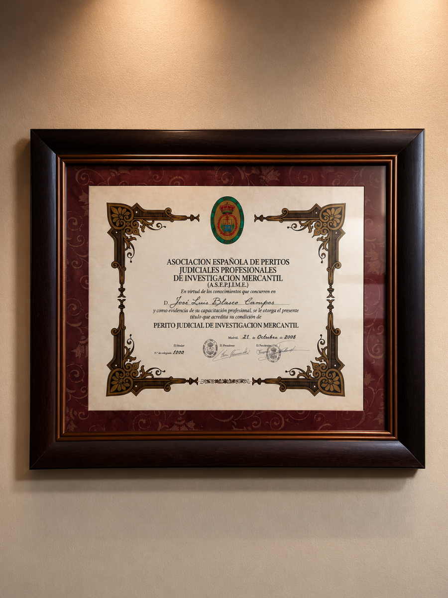 Diploma de Perito Judicial de Investigación Mercantil de José Luis Blasco
